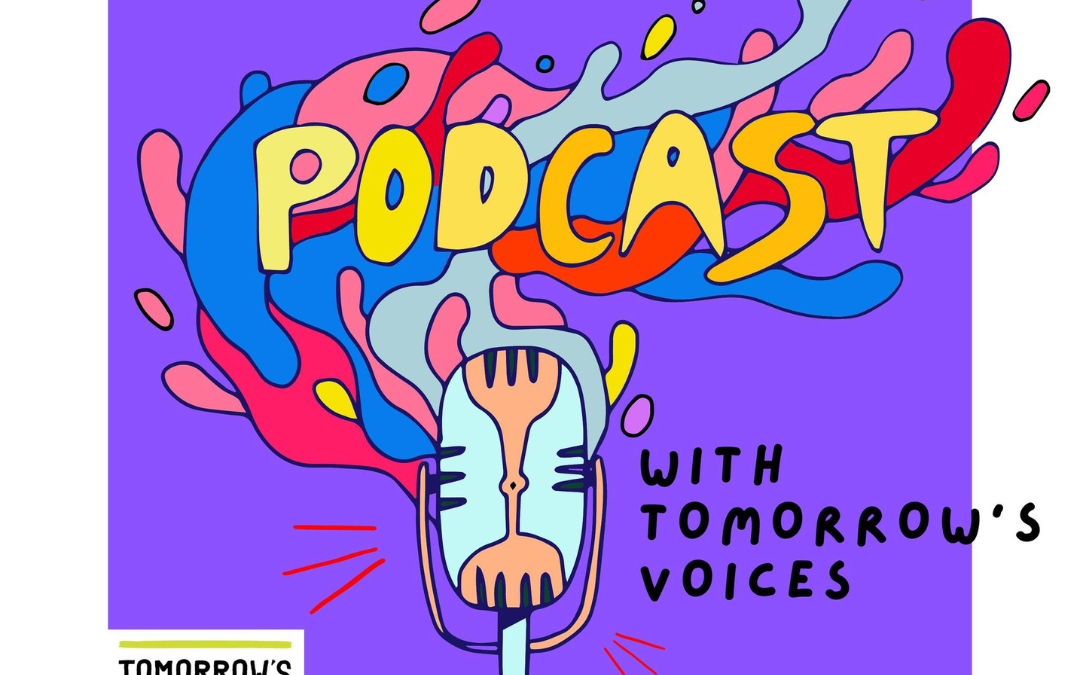 graphic illustration a podcast mic. text reads "10 questions podcast with tomorrow's voices. episode 1: maddie and sleepy jean"
